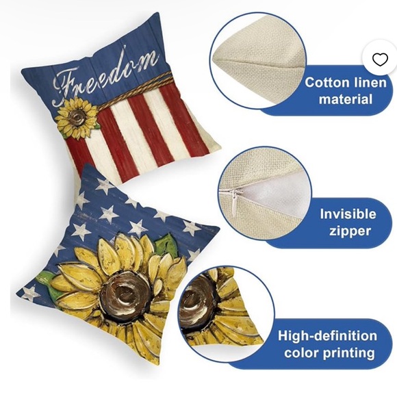4th Of July Sunflower Patriotic Decorative Throw Pillow Covers 18 X 18 Set Of 4, - Picture 4 of 7